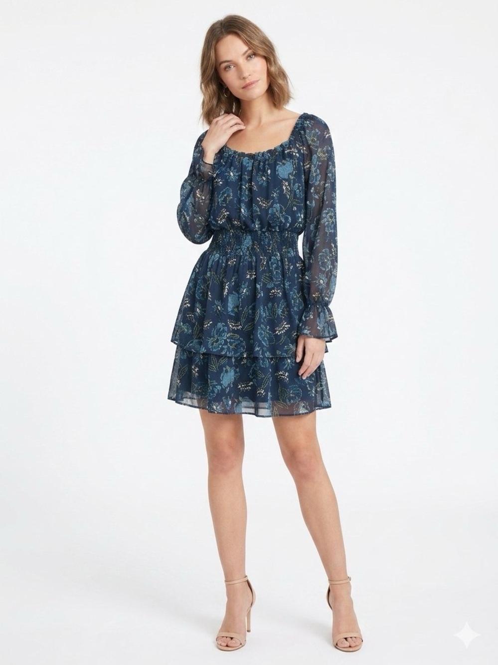 Women's Navy Floral Tiered Ruffle Mini Dress • Size Large • NWT